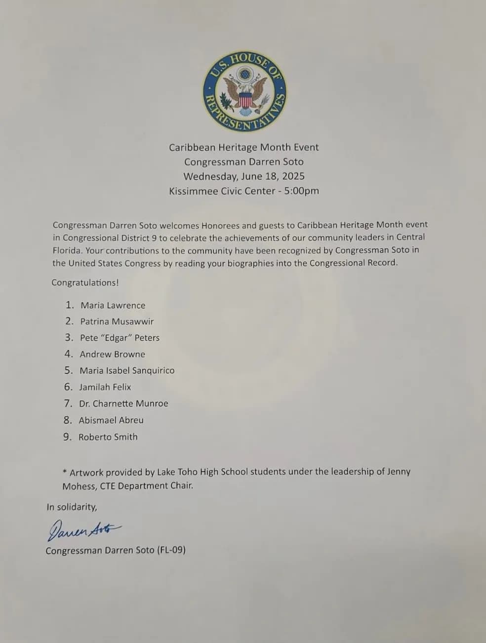 Official invitation letter from Congressman Darren Soto for the Caribbean Heritage Month event