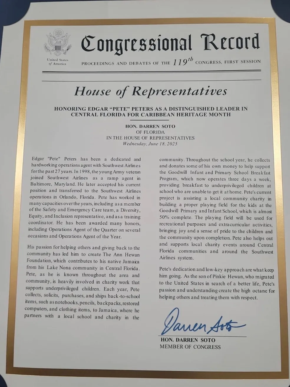 Congressional Record honoring Edgar Pete Peters as a Distinguished Leader in Central Florida for Caribbean Heritage Month
